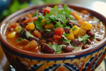 Sticker - Closeup of a colorful bowl of vegetarian chili garnished with fresh cilantro