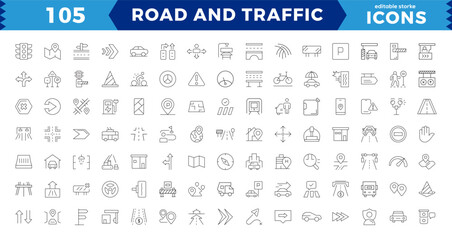 Pixel Perfect Road and traffic line icons collection. Street, transport, directions, drive, crosswalk, UI icon set. Thin outline pack. Way direction arrow sign. Outline icon collection.