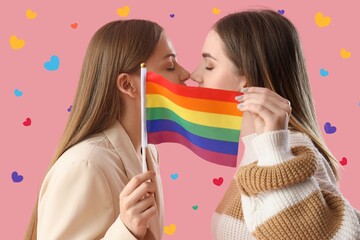 Sticker - Young lesbian couple kissing behind LGBT flag on pink background