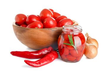 Sticker - Jar of pickled tomatoes with chili pepper and onion on white background