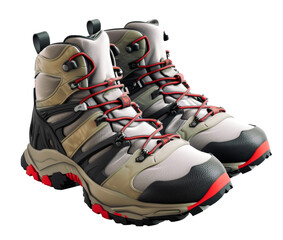 Pair of gray and red hiking boots, designed for rugged outdoor activities