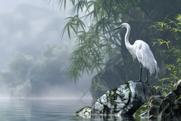 Canvas Print - Serene white heron stands on a rock against a misty lake with bamboo foliage