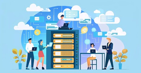 Flat vector illustration of man in business suit working in big data center with cloud and servers, office worker scene, blue background, simple minimalist design style