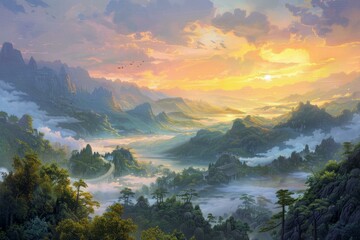 Poster - Digital art of a serene fantasy landscape with a golden sunrise, mist, and mountains