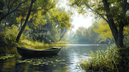 Poster - Paint a serene riverside scene, with a gentle current, lush trees, and a small boat floating peacefully on the water.