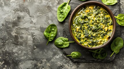 Poster - Top down view of vegetarian spinach and cheese dish on concrete surface Indian curry with space for text