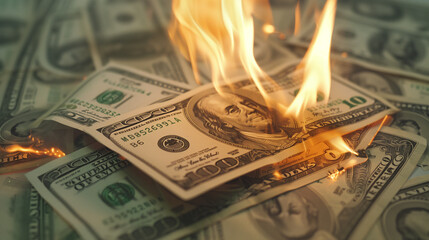 burning dollar notes wasting money concept 