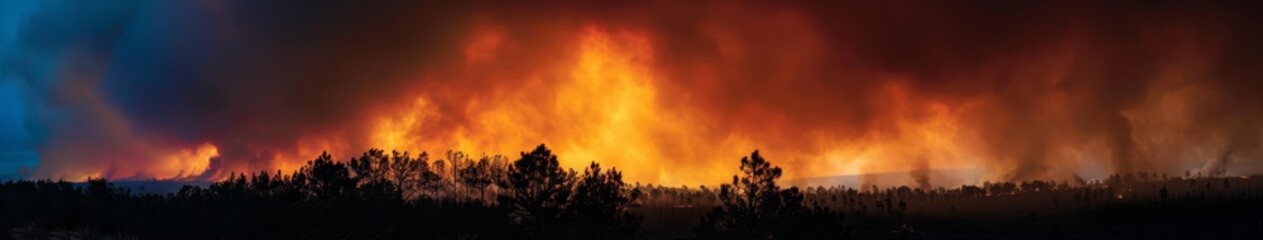 A raging forest fire against a fiery red sunset, showing the danger level of bushfires - a dramatic scene of nature