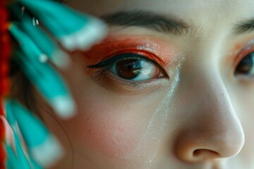 Poster - Closeup of a woman's eye adorned with vibrant red and sparkling festival makeup