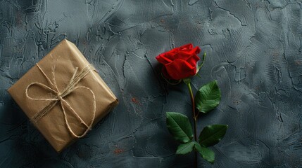 Poster - Top view of eco friendly gift and red rose on gray textured background