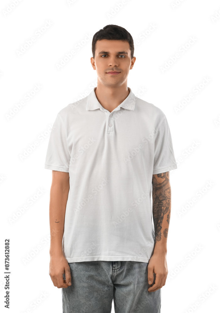 Handsome young man in stylish t-shirt on white background