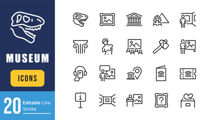 Set of Museum Related Vector Line Icons. Contains such Icons as Tourist Group, Sculpture, Art Gallery and more. Editable Stroke.