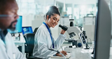 Canvas Print - Woman, research and microscope in laboratory, notes and medicine for healthcare study or biotechnology. Medical, female scientist person and clinic for Alzheimer cure, breakthrough and dna testing