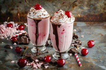 Canvas Print - Scrumptious cherry milkshakes garnished with whipped cream, chocolate, and cherries