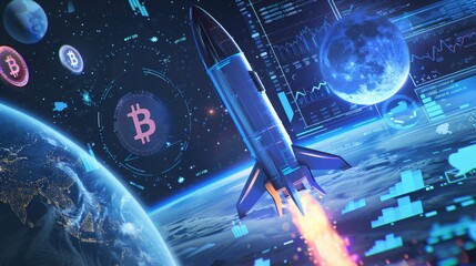 Wall Mural - Rocket Launch to the Moon for Bitcoin and Crypto Assets: FOMO, Financial Freedom with a Soaring Price Explosion, Cryptocurrency Bull Market, and Cycle Peak Concept