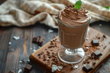 Poster - Luscious chocolate mousse topped with shavings, served in a clear glass, garnished with mint on a wooden board