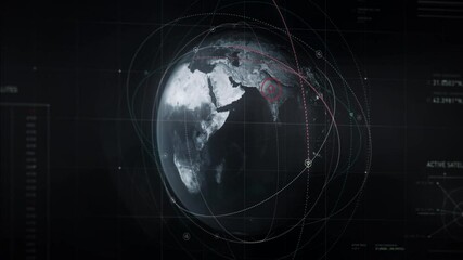User interface. Planet earth close-up. Active satellites. Satellites around India. Detectives of national security agency use the satellites program to track the location of a dangerous criminal.