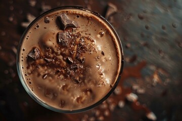 Wall Mural - Closeup of a decadent and rich chocolate drink with cocoa chunks and creamy frothy top. An indulgent dessert beverage for the chocolate lover. Concept photography for menu item or specialty drink