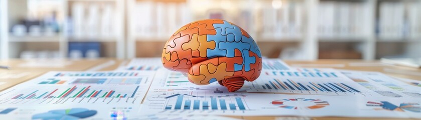 colorful 3d brain model sitting on data analytics charts in a modern office, symbolizing cognition, 