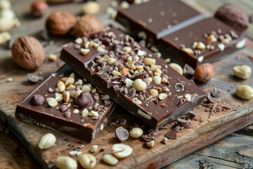 Poster - Gourmet milk chocolate bar with a variety of nuts on a rustic wood background