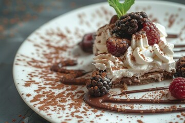 Wall Mural - Closeup of a decadent chocolate dessert garnished with raspberries and whipped cream