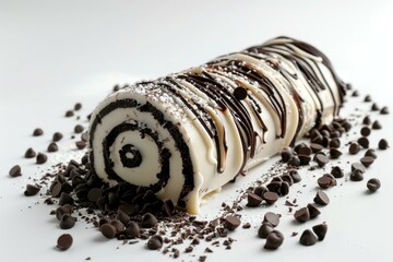 Poster - Appetizing chocolate swiss roll garnished with drizzled icing and cocoa powder on a white background