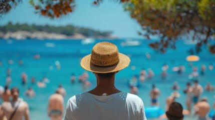 Wall Mural - A man wearing a straw hat observes a crowded beach scene on a sunny day, framed by trees.