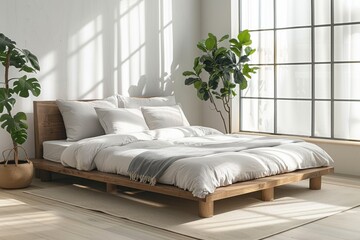 Wall Mural - A bedroom with a large bed and a potted plant