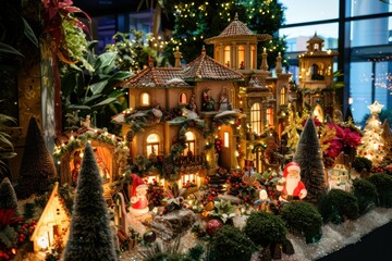 Poster - Captivating night view of a beautifully illuminated miniature christmas village adorned with festive decorations