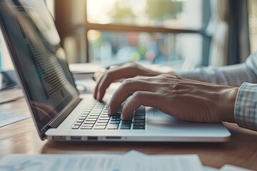 Close up of businessman hands typing on laptop keyboard in office. Male hands typing on keyboard. Close up of male hands typing on laptop keyboard.