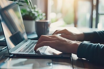 Close up of businessman hands typing on laptop keyboard in office. Male hands typing on keyboard. Close up of male hands typing on laptop keyboard.