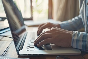 Wall Mural - Close up of businessman hands typing on laptop keyboard in office. Male hands typing on keyboard. Close up of male hands typing on laptop keyboard.