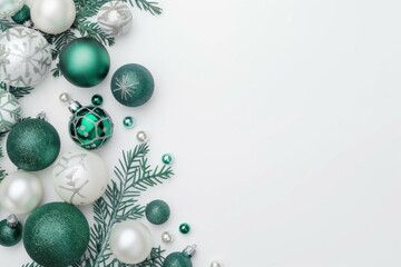 Wall Mural - Elegant green and silver christmas decorations arranged with pine branches on a white backdrop