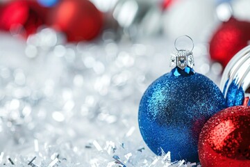 Wall Mural - Vibrant and festive closeup christmas ornament assortment with red and blue baubles, artificial snow, and sparkling, shiny decorations on a wintery seasonal background