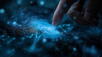 Wall Mural - digital data protection cyber security with fingerprint biometric encryption, internet network conne