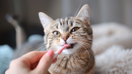 Close-Up of a Cute Cat Getting Its Teeth Brushed by Owner with a Toothbrush, Illustrating Pet Care and Hygiene