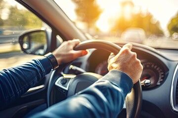 Wall Mural - Close up of male hands on steering wheel of a car driving on the road