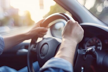 Wall Mural - Close up of male hands on steering wheel of a car driving on the road