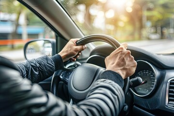 Close up of male hands on steering wheel of a car driving on the road