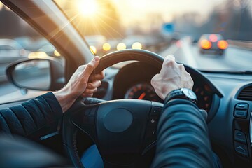 Wall Mural - Close up of male hands on steering wheel of a car driving on the road