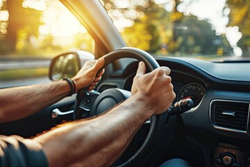 Close up of male hands on steering wheel of a car driving on the road