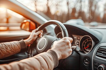 Wall Mural - Close up of male hands on steering wheel of a car driving on the road