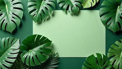 Wall Mural - Lush green monstera leaves frame a blank green square, creating a tropical and vibrant background.