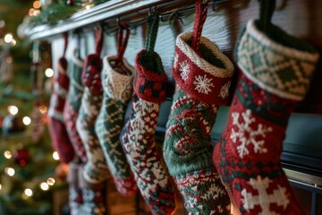 Poster - Row of colorful knitted christmas stockings adorned with winter patterns, hanging in anticipation of holiday treats