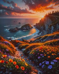 Wall Mural - A vibrant landscape of wildflowers growing along a coastal cliff. 