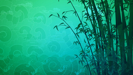 Wall Mural - Bamboo oriental painting illustration A modern bamboo landscape painting with mountains and clouds 동양화 사군자 대나무 일러스트 산수화 산과 구름이 있는 대나무 한국화