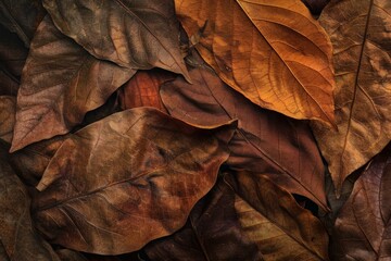 Sticker - Close up detailed shot of autumn leaves texture background in warm earthy tones, showcasing the natural organic pattern of fallen foliage on the forest floor in high resolution