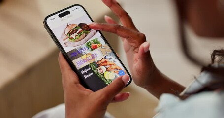 Canvas Print - Home, hands and scroll on menu with phone screen, food website and browse for decision. Female person, connection and mobile on restaurant app for takeaway, delivery service or check options in house