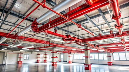 modern ceiling-mounted fire suppression system with pipes and sprinkler heads installed in accordanc