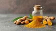 © Steveandfriend - Turmeric Extract in a sophisticated container, with turmeric roots and powder, on a rustic kitchen surface, photorealistic and premium